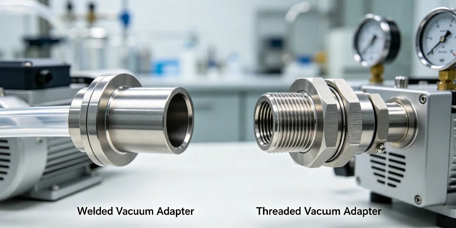 Side-by-side comparison of welded and threaded vacuum adapters installed in a laboratory vacuum system